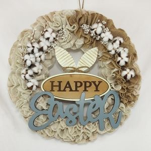 Handmade Holiday - Happy Easter Burlap Cotton Welcome Wreath Handmade Holiday - Happy Easter Burlap Cotton Welcome Wreath